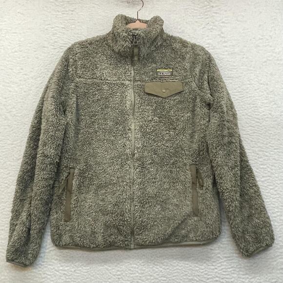 LL Bean Jacket Womens Medium Olive Green Hi-Pile Sherpa Fleece Full Zip Cozy YKK - Picture 1 of 13